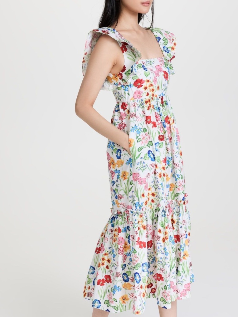 Cara Cara Darby Ruffled Cotton Poplin Midi Dress in Floral Garden Ivory